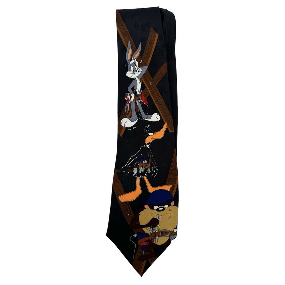 Vintage Looney Tunes Tie 1995‎ Taz Bugs Bunny Daffy Construction Working Black
